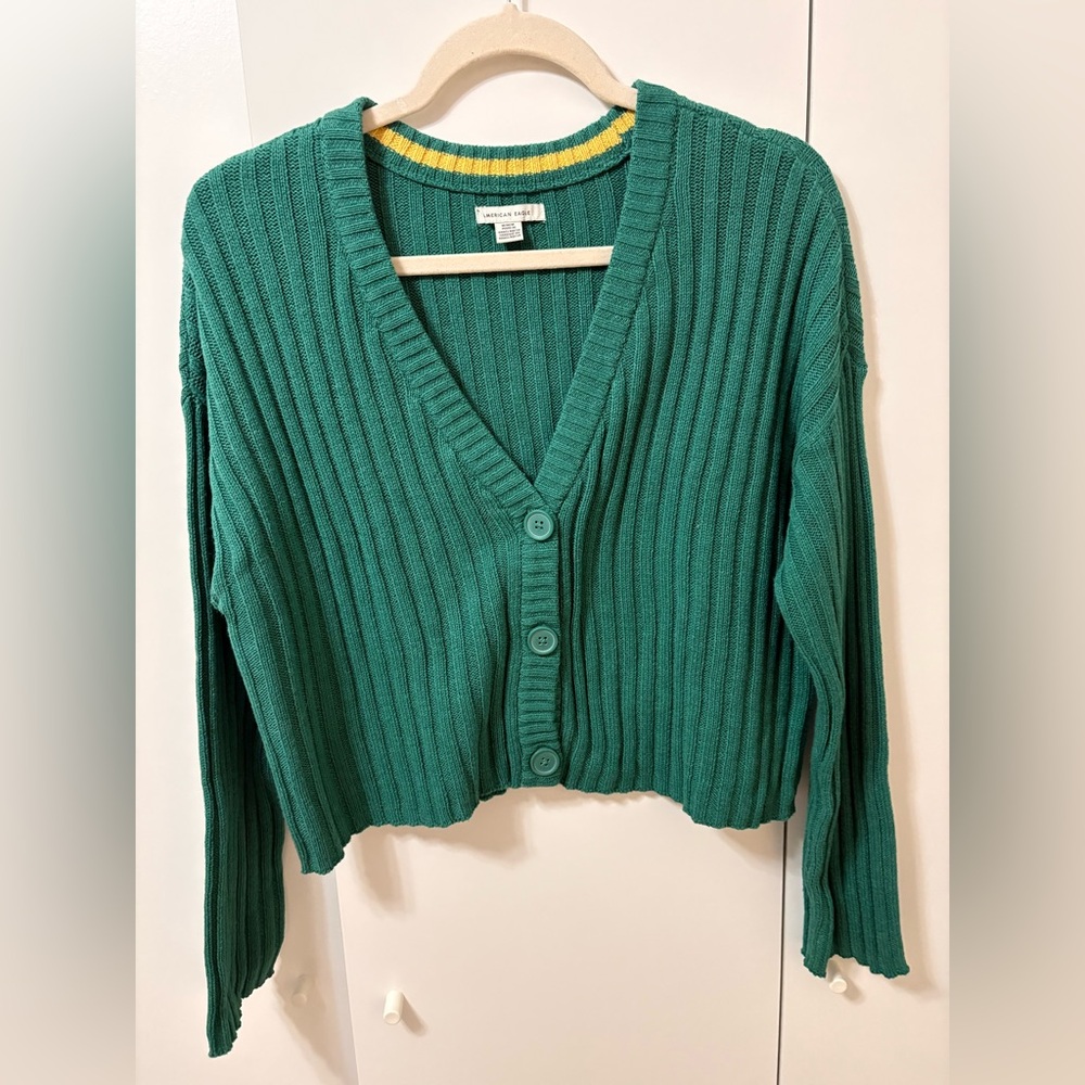 Green Ribbed Cardigan Sweater